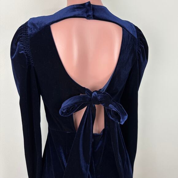Sugar Lips Blue Velvet Long Sleeve Mini Dress Open Back Puff Shoulder holiday - Picture 4 of 9
